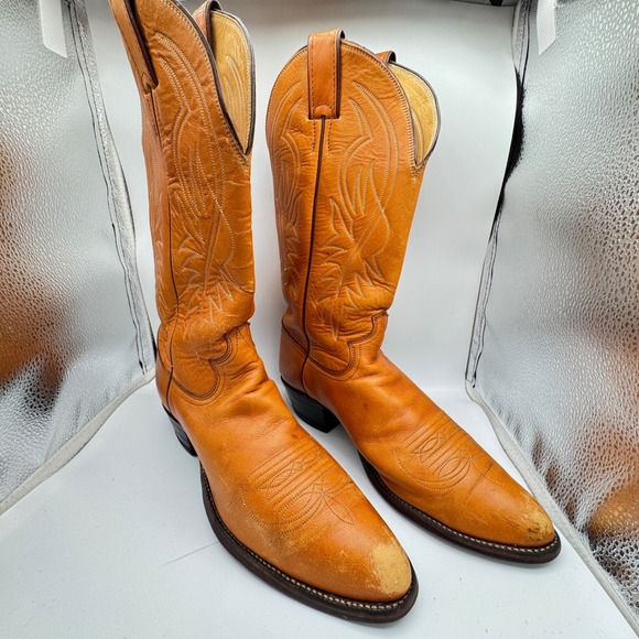 Justin Bay Apache Leather Western Cowboy Boots F3408 Mens 8.5B Tan Made In USA - Picture 2 of 16